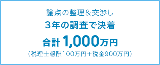 論点の整理&交渉し3年の調査で決着 合計1,000万円 (税理士報酬100万円+税金900万円)